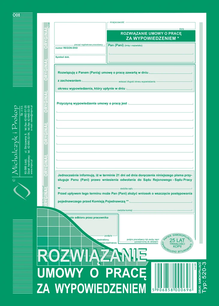 520-3 Rozwiązanie umowy o pracę za wypowiedzeniem