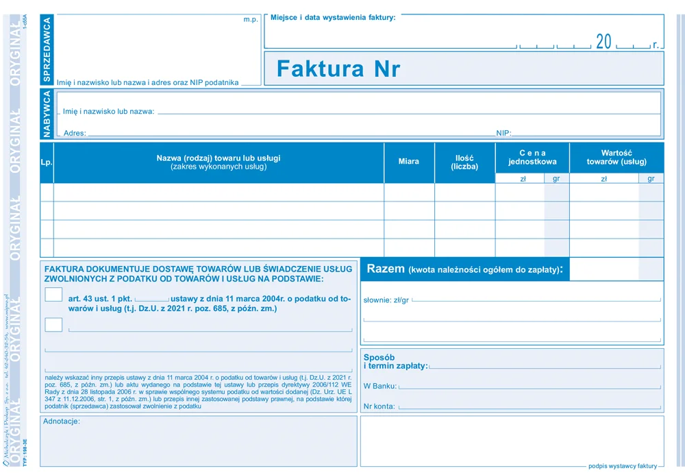 Galeria - 198-3E Faktura. Czynności zwolnione z podatku na podstawie art. 43 ust. 1 pkt. 2-41 ustawy z dnia 11 marca 2004 r. o podatku od towarów i usług