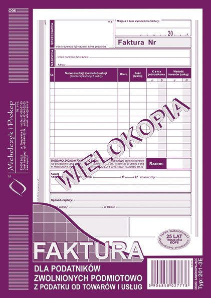 201-3E Faktura dla podatników zwolnionych podmiotowo z podatku od towarów i usług