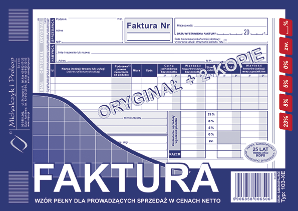 103-XE Faktura wzór pełny dla prowadzących sprzedaż w cenach netto